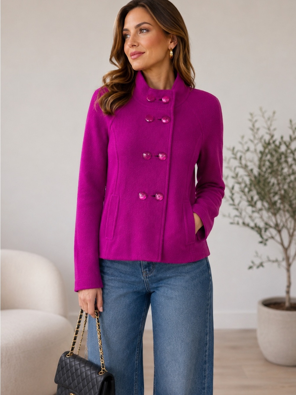 Armani Collezioni Italy Jacket Women’s Size 2 38 Fuchsia Double Button Wool B28